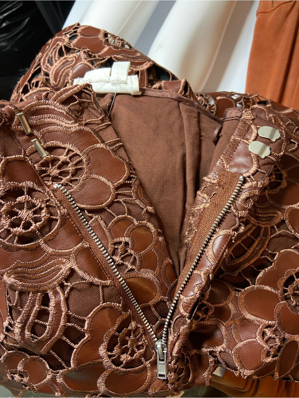 Anthropologie Faux Leather Lace Brown Floral Pants Sheer Embroidered Size 4 [CH] - Picture 10 of 13